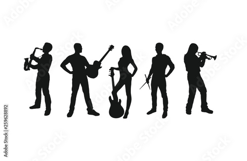 Silhouettes of musicians stock vector set. Saxophone, guitar, bass, drums, trumpet player. Isolated shadows for music poster, flyers and online concert promo