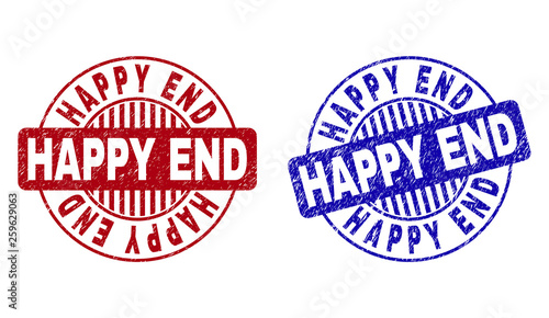 Grunge HAPPY END round stamp seals isolated on a white background. Round seals with grunge texture in red and blue colors. Vector rubber watermark of HAPPY END tag inside circle form with stripes.