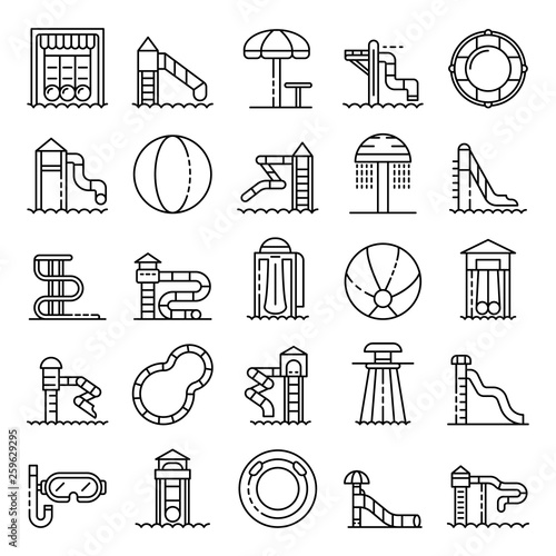 Aquapark icons set. Outline set of aquapark vector icons for web design isolated on white background