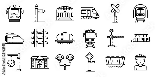 Railway station icons set. Outline set of railway station vector icons for web design isolated on white background