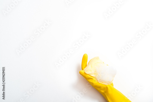 One hand in rubber glove isolated on white background