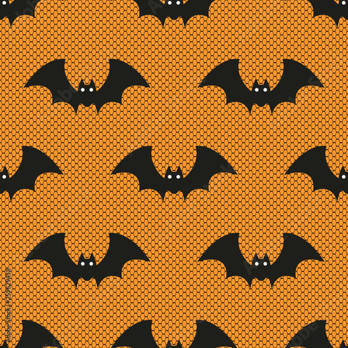 Seamless vector pattern with lace Halloween bats on orange background.  