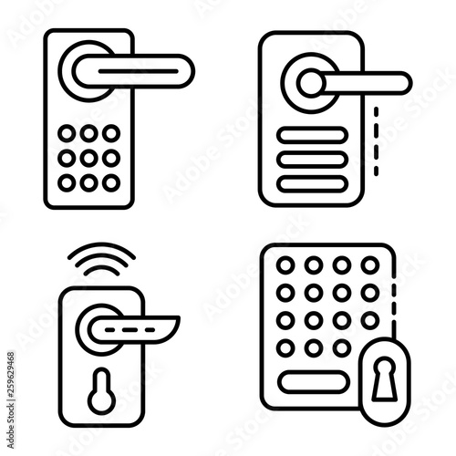 Wireless door lock icons set. Outline set of wireless door lock vector icons for web design isolated on white background