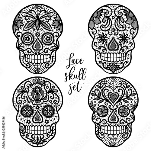 Black lace sugar skull set on white background. 