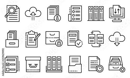 Archive icons set. Outline set of archive vector icons for web design isolated on white background photo