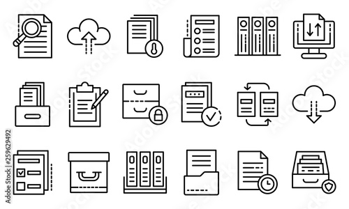 Archive icons set. Outline set of archive vector icons for web design isolated on white background