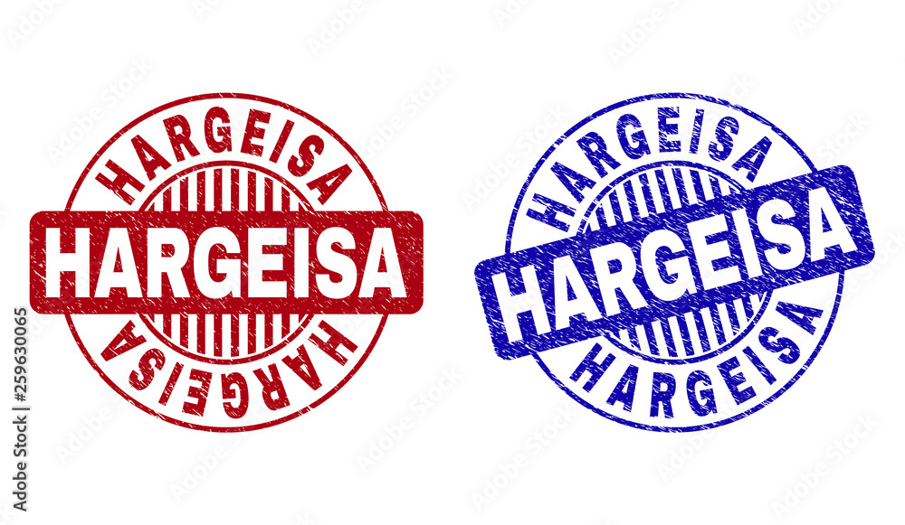 Grunge HARGEISA round stamp seals isolated on a white background. Round seals with grunge texture in red and blue colors. Vector rubber imitation of HARGEISA tag inside circle form with stripes. Grunge HARGEISA round stamp seals isolated on a white background. Round seals with grunge texture in red and blue colors. Vector rubber imitation of HARGEISA tag inside circle form with stripes.