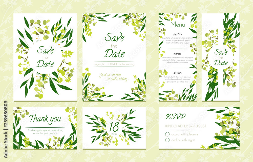 Eucalyptus Design. Wedding Invitation, Menu, Rsvp, Thank You Label. Save the Date Card Templates Set with Greenery, Decorative Floral and Herbs Element. Vintage Botanical Illustration with Eucalyptus.