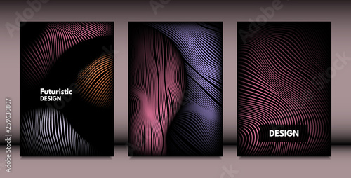 Fototapeta Naklejka Na Ścianę i Meble -  Abstract Wavy Shapes with 3d Effect. Cover Design Templates Set with Vibrant Gradient and Wavy Stripes in Minimal Style. Vector Abstraction with Distorted Lines. Wavy Shapes for Cover, Brochure, Book