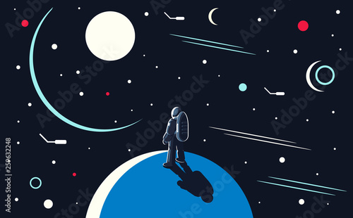 Vector conceptual illustration of an astronaut standing on the planet and looking into outer space at the sun and other planets