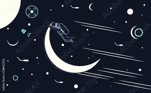 Vector conceptual illustration of an astronaut flying on the moon in space