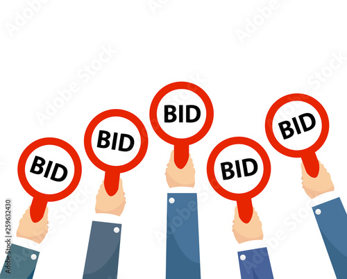 Businessman buyers hands raising auction bid paddles with numbers of competitive bidding price. Auction business bidders raise hand on blue background flat vector concept illustration