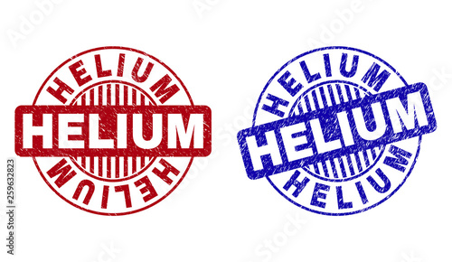 Grunge HELIUM round stamp seals isolated on a white background. Round seals with grunge texture in red and blue colors. Vector rubber imprint of HELIUM caption inside circle form with stripes.