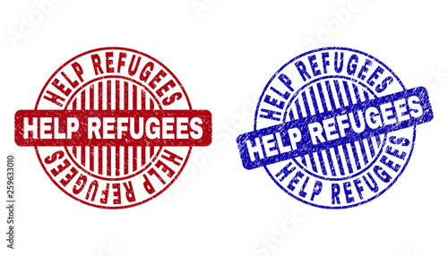 Grunge HELP REFUGEES round stamp seals isolated on a white background. Round seals with grunge texture in red and blue colors.