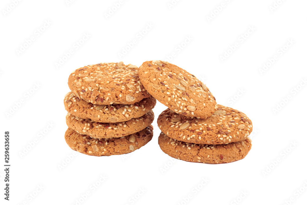 Handmade oat cookies with sesame and different seeds, isolated Handmade oat cookies with sesame and different seeds, isolated