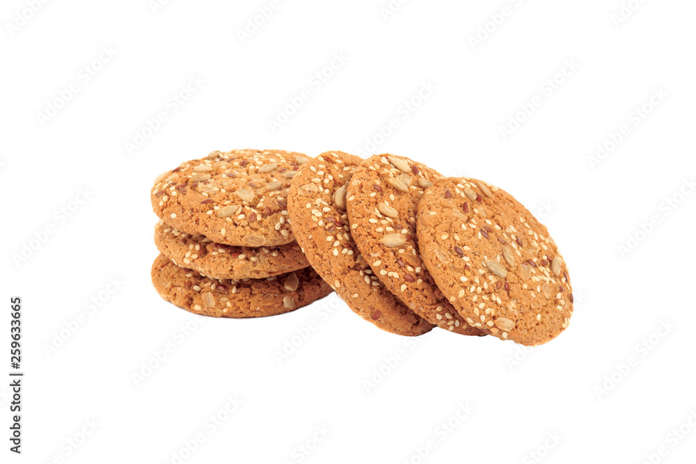 Handmade oat cookies with sesame and different seeds, isolated