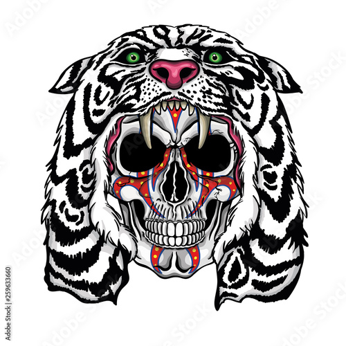 Vector illustration of human skull with war paintings and white lion hood