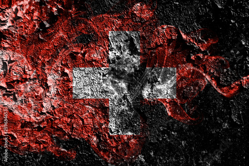 Switzerland smoky mystical flag on the old dirty wall background