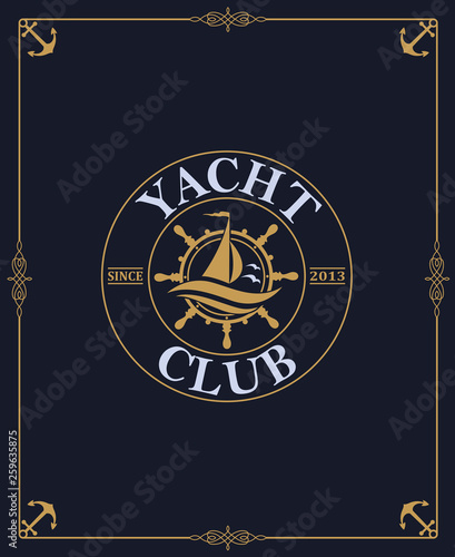 yacht club label isolated on dark background in decorative frame
