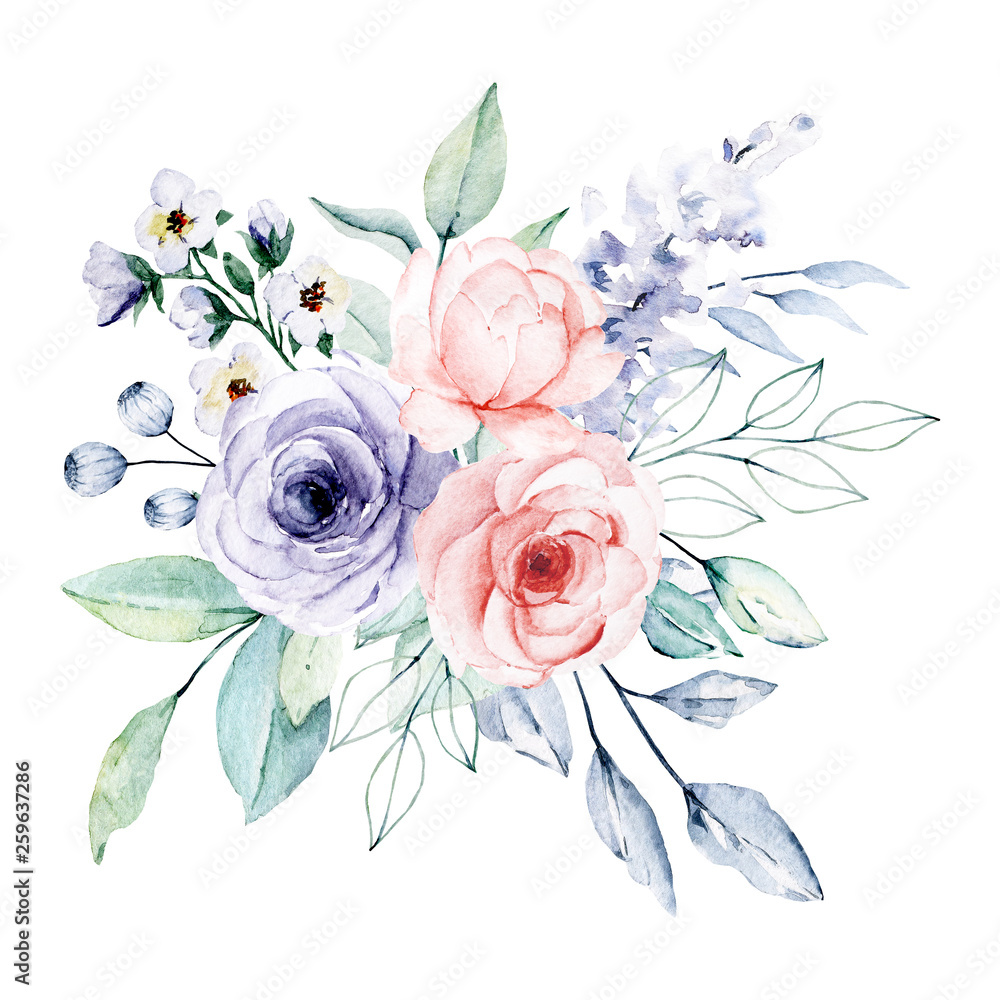 Obraz Bukiet kwiatów akwarela. Clipart kwiatowy. Idealnie nadaje się do druku na zaproszeniach, kartach, sztukach ściennych i innych. Na białym tle. Ręcznie malowane pozdrowienie projekt.