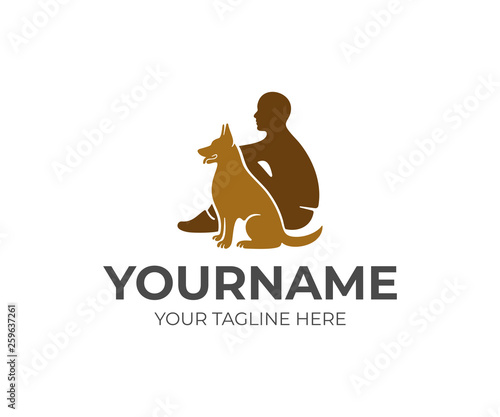 Pets care, man and dog, logo design. Animal, pet shelter and clinic, vector design and illustration