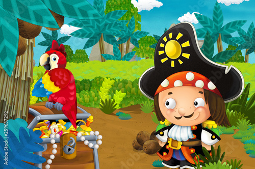 Fototapeta Naklejka Na Ścianę i Meble -  cartoon scene with pirate and treasure and parrot in the jungle - illustration for children