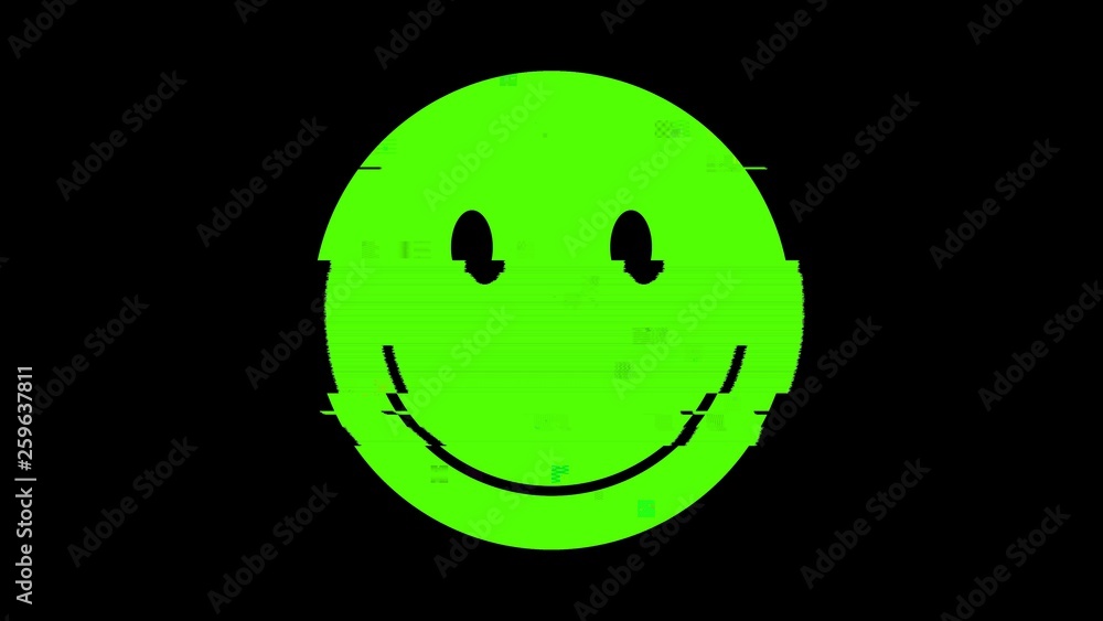 Fototapeta premium A smile icon representing a funny green happy smiling face, but with a heavy digital distortion glitch effect. Disquieting, unsettling symbol. Regular size.