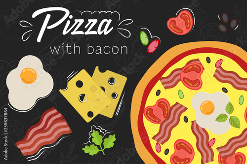 Pizza recipe. Flat style illustration. Pizza on chalkboard background.