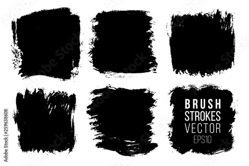 Vector set of big hand drawn brush strokes, stains for backdrops. Monochrome design elements set. One color monochrome artistic hand drawn backgrounds square shapes.
