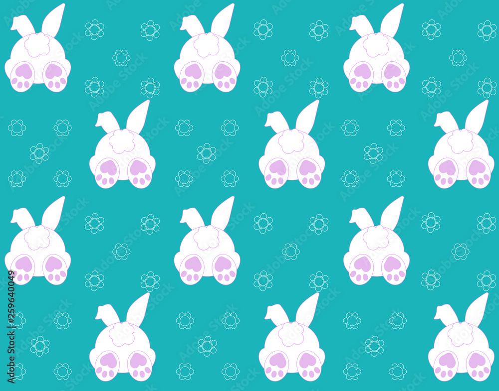 Rabbit pattern texture. Cute vector cartoon background. Bunny foot and tail rabbit children decoration background. Vector