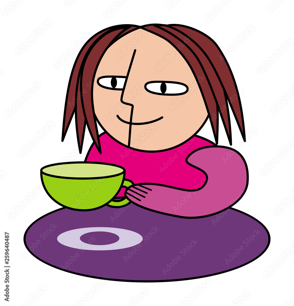 Woman with a cup of coffee or tea. Cartoon funny drawing. Vector graphics. Woman with a cup of coffee or tea. Cartoon funny drawing. Vector graphics.