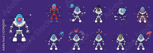 One-eyed android sticers set. Emoticons robot set. Cartoon character sticker pack.