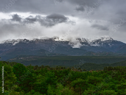 Snowy and cloudy mountain landscape. Manavgat, Antalya, Turkey. Tazi Canyon, Wisdom Valley.