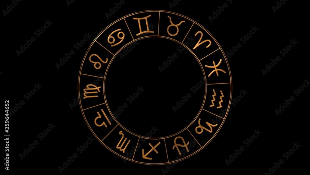 Loop spinning golden zodiac wheel with 13 zodiac symbols including Ophiuchus Loop spinning golden zodiac wheel with 13 zodiac symbols including Ophiuchus