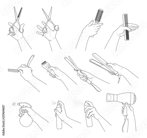 Hand collection. Hands holding hairdresser tools