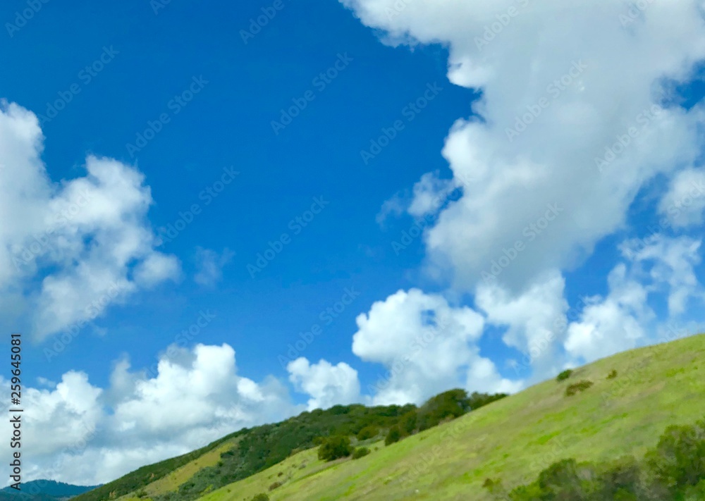 Green California hills with blue sky and white clouds