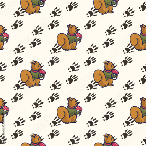 Cute squirrel cartoon seamless vector pattern. Hand drawn forest pawprint tile. All over print for nature blog, paw graphic, wildlife home decor.
