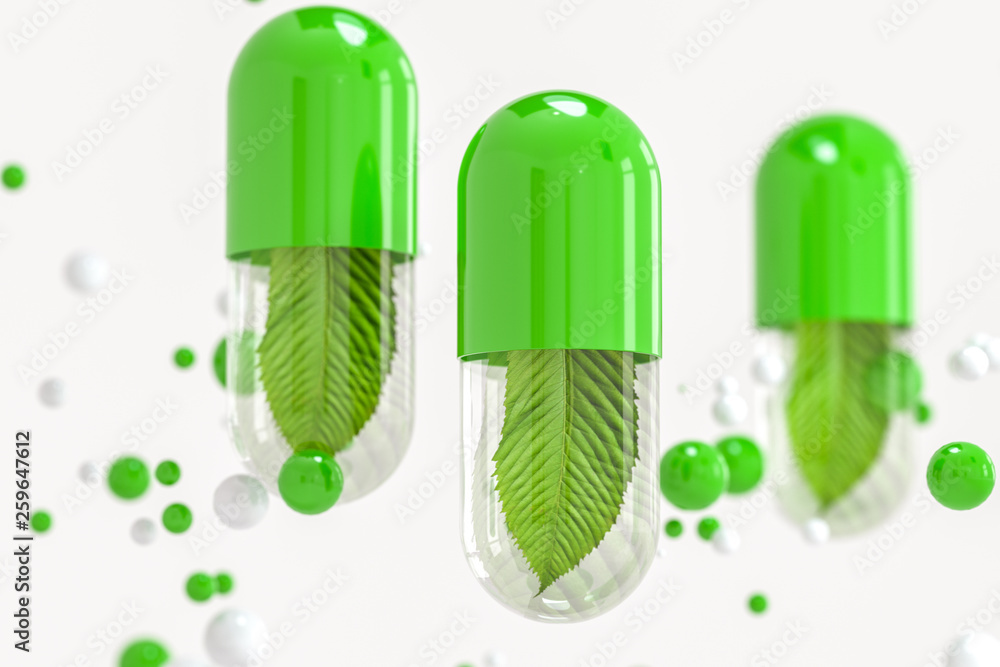 3d rendering, green capsule with leaf in it 3d rendering, green capsule with leaf in it