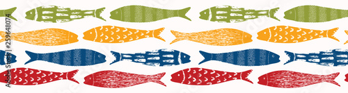 Sardine shoal of fish seamless vector border pattern of grilled fishes. Lisbon St Antonio traditional portugese food festival. June Portugal street party. Atlantic ocean animal ribbon, fishing banner.