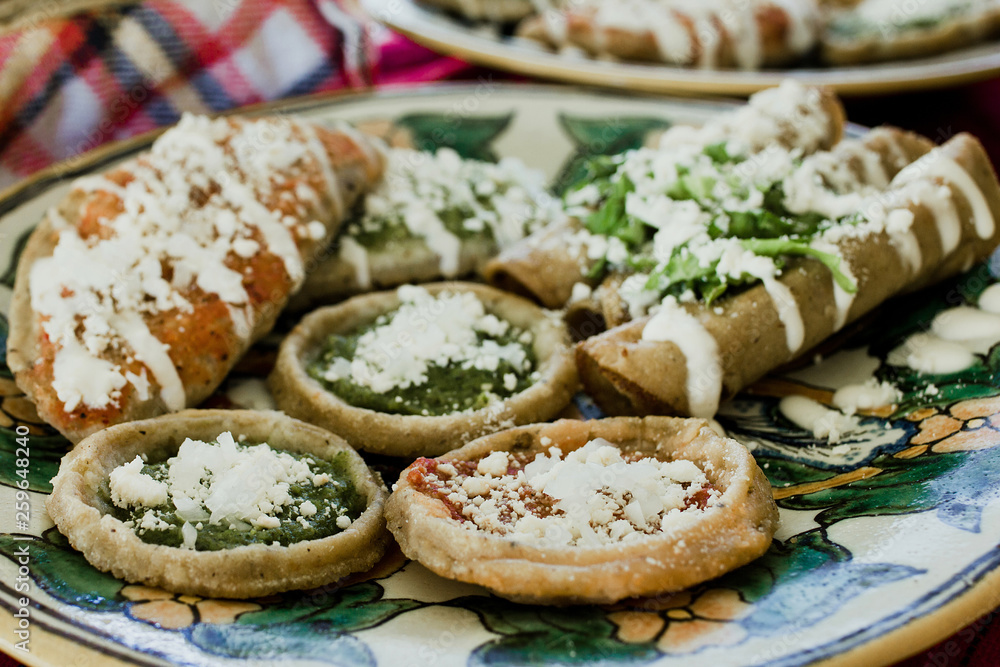 sopes, tacos dorados and flautas de pollo, Mexican food, spicy sauce in Mexico sopes, tacos dorados and flautas de pollo, Mexican food, spicy sauce in Mexico