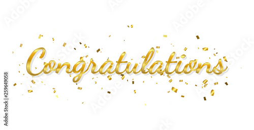 Congratulations Banner With Golden Confetti And Ribbon. Vector Illustration