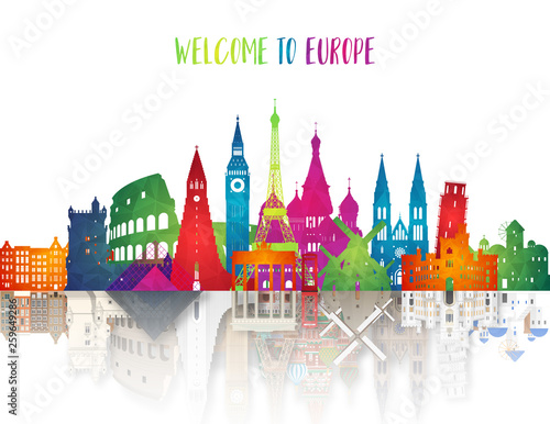Europe famous Landmark low poly art.reflect in 3d paper europe landmark. Global Travel And Journey Infographic. Vector Flat Design Template.vector/illustration.Can be used for your banner, business.