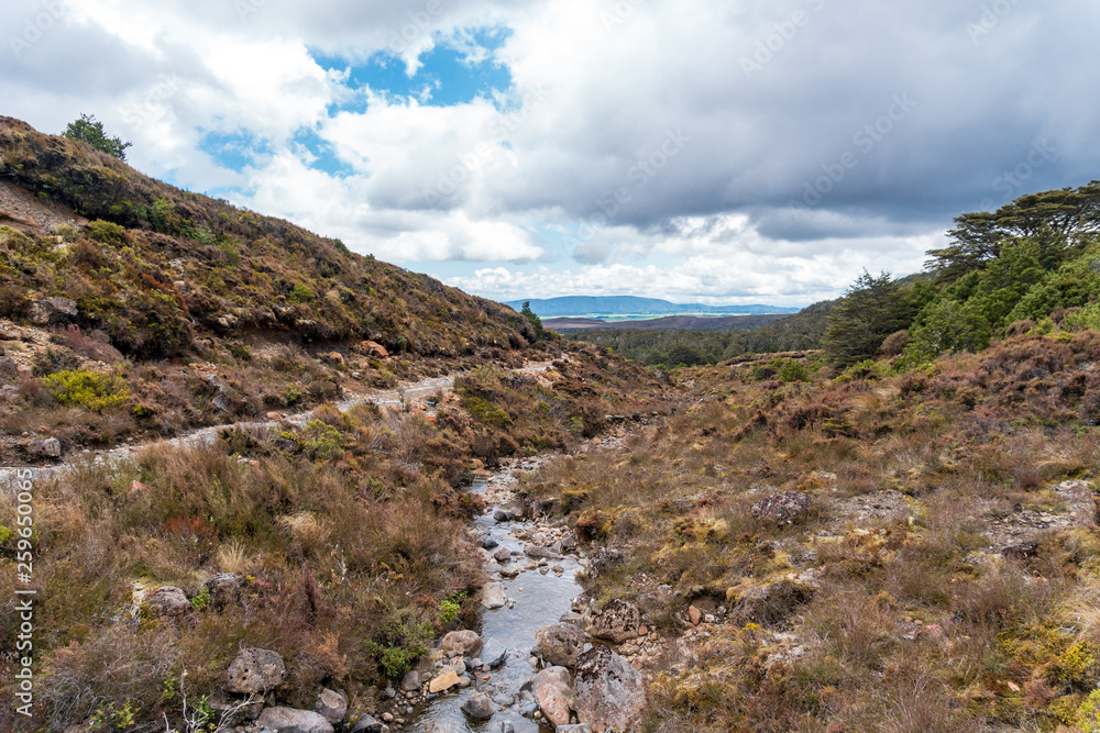 Northern Circuit Hiking Trail along Creek in Tongariro National Park, New Zealand Northern Circuit Hiking Trail along Creek in Tongariro National Park, New Zealand