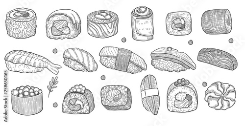 Hand holding chopsticks and sushi roll, black vector line drawing on white background. Different sushi species: maki, nigiri, gunkan, temaki. Japanese food menu design elements.