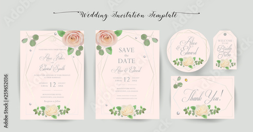 Floral Wedding Invitation elegant invite, thank you, rsvp, Save the Date, Bridal Shower card trendy Design garden flower pink peach Rose green Eucalyptus leaf greenery bouquet gold geometric frame