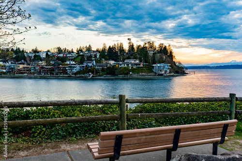Bench facing Magnolia across Puget Sound at Sunset, Seattle Washington