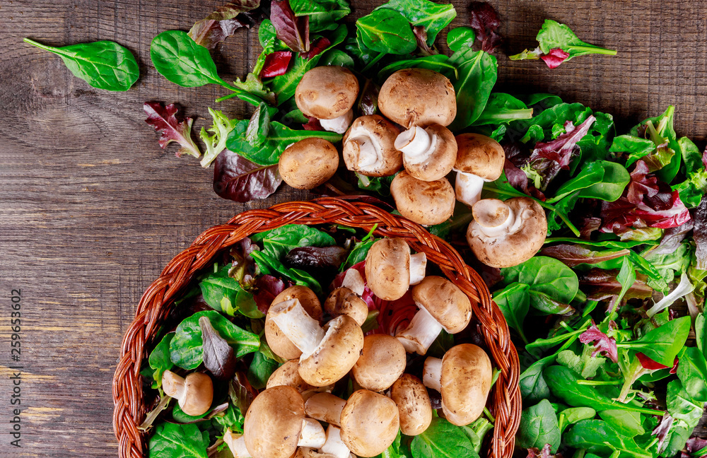 Basket salad with mushrooms, on rusty old background Basket salad with mushrooms, on rusty old background