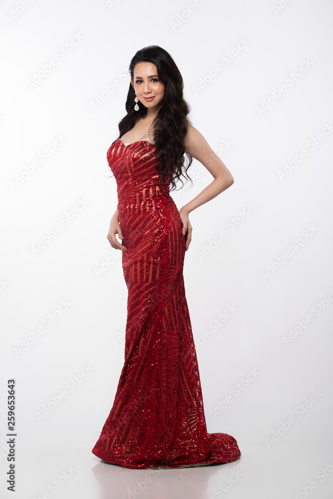 Portrait of Miss Asian Woman Pageant Beauty Contest in sequin Evening Ball Gown long dress, full length, stand snap sexy glamour elegance look, studio lighting white background copy space