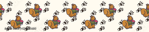 Cute squirrel cartoon seamless vector border. Hand drawn forest pawprint tile. All over print for nature blog, paw graphic, wildlife home decor.