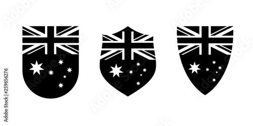 Vintage shield with Australian flag set, black isolated on white background, vector illustration.